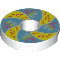 LEGO part 15535pr0010 Tile Round 2 x 2 with Hole with Bright Light Yellow/medium Azure Swirl, Coral Music Notes, Sound Bars print in White