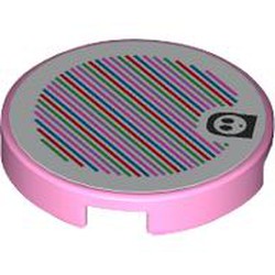 LEGO part 14769pr9976 Tile Round 2 x 2 with Shy Guy  and Barcode Print (Sticker) in Light Purple/ Bright Pink