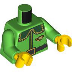 LEGO part 973c06h01pr0002 Torso Jacket with Large Rounded Dark Green Collar, Gold trim, Post Office Horn, Black Belt print Bright Green Arms, Yellow Hands in Bright Green