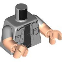 LEGO part 973g14c02h02pr0001 Torso, Dual Molded Arms with Jacket, Pockets, Black Shirt print, Light Bluish Gray Sleeves Pattern, Light Nougat Arms and Hands in Medium Stone Grey/ Light Bluish Gray