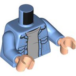 LEGO part 973c32h02pr0001 Torso, Open Shirt, Pockets, Light Bluish Grey Shirt print, Medium Blue Arms, Light Nougat Hands in Medium Blue