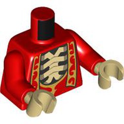 LEGO part 973c22h26pr0001 Torso, Robe, Gold Decorations, Back Chest with Tan Rib Cage print, Red Arms, Tan Hands in Bright Red/ Red