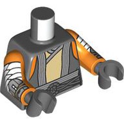 LEGO part 973c34h12pr0003 Torso, Orange Arms, Dark Bluish Gray Hands with print in Dark Stone Grey / Dark Bluish Gray