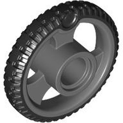 LEGO part 6600pat0001 Wheel 21 x 4 with Spokes with Black Tire pattern in Dark Stone Grey / Dark Bluish Gray