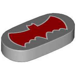 LEGO part 1126pr0008 Tile Round 1 x 2 with Red Batman Logo print in Medium Stone Grey/ Light Bluish Gray