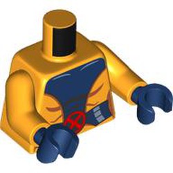 LEGO part 973c38h05pr0001 Torso, Bright Light Orange Arms, Dark Blue Hands with print in Flame Yellowish Orange/ Bright Light Orange