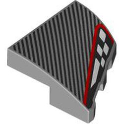 LEGO part 5095pr0001 Slope Curved 2 x 2 with Stud Notch Left with Black Stripes, Black/White Headlight, Red Border print in Medium Stone Grey/ Light Bluish Gray