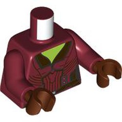 LEGO part 973c10h19pr0002 Torso Jacket Open Collar, Lime Chest Print, Dark Red Arms, Reddish Brown Hands with print in Dark Red