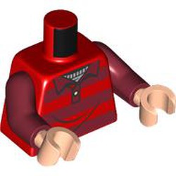 LEGO part 973c10h02pr0006 Torso, Dark Red/Red Stripes Shirt, Collar, Light Bluish Grey Shirt print, Dark Red Arms, Light Nougat Hands in Bright Red/ Red