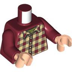 LEGO part 973c10h02pr0005 Torso, Tan Plaid Shirt, Bright Light Yellow Buttons print, Dark Red Arms, Light Nougat Hands in Dark Red