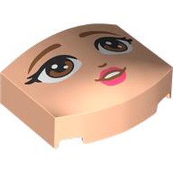 LEGO part 5787pr0004 Brick Curved 3 x 4 with Curved Front with Face, Brown Eyebrows, Eyes, Dark Pink Lips print in Light Nougat