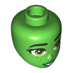 LEGO part 92198pr9935 Minidoll Head Black Eyebrows, Lime Eyes, Green Lips, Freckles, Open Mouth Smile in Bright Green