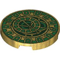 LEGO part 67095pr9990 Tile Round 3 x 3 with Bright Green Clock print in Warm Gold/ Pearl Gold