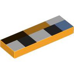 LEGO part 63864pr9995 Tile 1 x 3 with White/Black/Medium Blue/Dark Brown Rectangles print in Flame Yellowish Orange/ Bright Light Orange