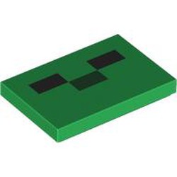 LEGO part 26603pr9956 Tile 2 x 3 with Pixelated Creeper Face print in Dark Green/ Green