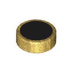 LEGO part 98138pr0426 Tile Round 1 x 1 with Large Black Dot print in Warm Gold/ Pearl Gold