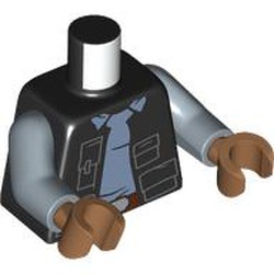 LEGO part 973c24h23pr0001 Torso, Jacket with Pockets, Sand Blue Shirt, Dark Brown Belt print, Sand Blue Arms, Medium Nougat Hands in Black