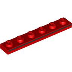 LEGO part 3666pr0004 Plate 1 x 6 with Black Stripe on Side print in Bright Red/ Red