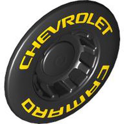 LEGO part 49098pr0004 Hub Cap 24mm without Tube with Yellow 'CHEVROLET CAMARO' print in Black