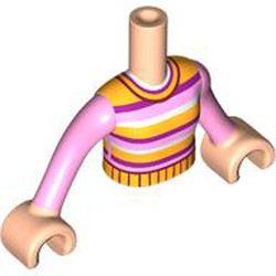 LEGO part 92456c01pr0120 Minidoll Torso with Bright Pink/Bright Light Orange/Dark Pink/White Striped Shirt print, Light Nougat Hands in Light Nougat