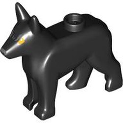 LEGO part 92586pr0005 Animal, Dog, Alsatian / German Shepherd (Police Dog) with Bright Light Orange Eyes, Dark Bluish grey Nose print (Sirius Black) in Black