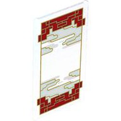 LEGO part 57895pr0010 Glass for Window 1 x 4 x 6 with Asian Gold/Red Decoration print in Transparent with Opalescence/ Satin Trans-Clear