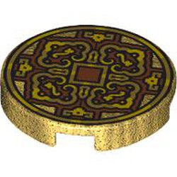 LEGO part 14769pr9969 Tile Round 2 x 2 with Dark Orange/Gold Decorations (Coin) print in Warm Gold/ Pearl Gold