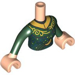 LEGO part 92816c01pr0008 Minidoll Torso with Dress, Dark Blue Plaid, Gold Decorations, Collar, Moon print, Dark Green Arms, Light Nougat Hands in Light Nougat