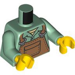 LEGO part 973c25h01pr0005 Torso, Medium Nougat Apron print, Sand Green Arms, Yellow Hands in Sand Green