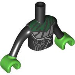 LEGO part 92456c08pr0003 Minidoll Torso with Black Dress, Silver Trim, Decorations, Green Chest print, Black Arms, Bright Green Hands in Black