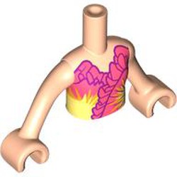 LEGO part 92456c01pr0124 Minidoll Torso with Dress, Ruffles, Dark Purple Trim, Yellow/White Sun-Shaped Streaks print, Light Nougat Arms and Hands in Light Nougat