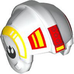 LEGO part 30370pr0024 Helmet Rebel Pilot, Center Ridge with Yellow/Red Markings print in White