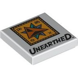 LEGO part 3068bpr9289 Tile 2 x 2 with Yellow Windrose, 'UNEARTHED' print in White