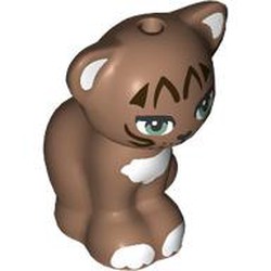 LEGO part 11602pr0010 Animal, Cat, Sitting with Dark Brown Stripes, White Chest, Ears print in Medium Brown