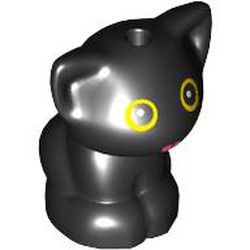 LEGO part 69902pr0004 Animal, Cat, Kitten Sitting with Yellow Eyes, Dark Pink Tongue print in Black