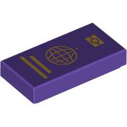 LEGO part 3069bpr9942 Tile 1 x 2 with Gold Ticket, Globe print in Medium Lilac/ Dark Purple