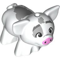 LEGO part 28318pr0003 Animal, Pig, Small with Bright Light Pink Snout, Light Bluish Grey Spots, Happy (Pua) in White