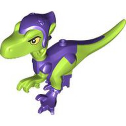 LEGO part 109587pr0001 Animal, Dinosaur, Green Goblin-Raptor with Dark Purple Legs, Hat, Yellow Eyes print in Bright Yellowish Green/ Lime