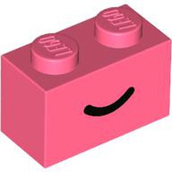 LEGO part 3004pr0103 Brick 1 x 2 with Black Curved Line / Smile print in Vibrant Coral/ Coral