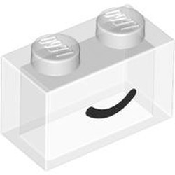 LEGO part 3004pr0103 Brick 1 x 2 with Black Curved Line / Smile print in Transparent/ Trans-Clear