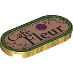 LEGO part 66857pr0049 Tile Round 2 x 4 with 'Café Fleur' on Nougat Background, Green Stained Glass Border print in Warm Gold/ Pearl Gold