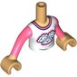 Minidoll Torso Girl with Warm Tan Arms and Hands with White Shirt, Coral Sleeves, Collar, Tacos print