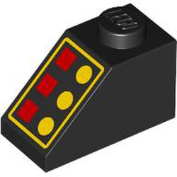 LEGO part 3040bpr9998 Slope 45° 2 x 1 with Bottom pin, with 3 Red Lamps, 3 Yellow Buttons, Yellow Border print (Reissue) in Black