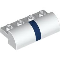LEGO part 5842pr0001 Brick Curved 2 x 4 x 1 with Dark Blue Stripe print in White