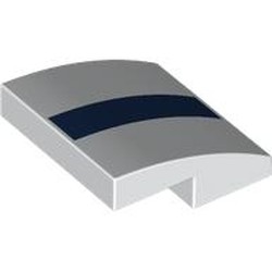 LEGO part 15068pr0106 Slope Curved 2 x 2 x 2/3 with Dark Blue Stripe print in White