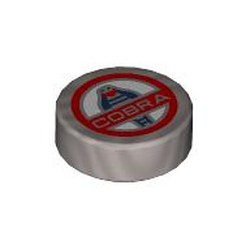 LEGO part 98138pr0444 Tile Round 1 x 1 with Red Cobra Badge print in Silver Metallic/ Flat Silver