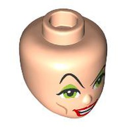 LEGO part 92198pr0070 Minidoll Head, Thin Black Eyebrows, Raised, Lime Eyeshadow, Eyes, Red Lips, Mean in Light Nougat