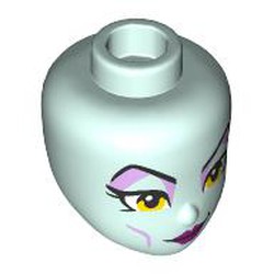 LEGO part 92198pr0069 Minidoll Head, Lavender Eyeshadow, Thin Black Eyebrows, Yellow Eyes, Dark Purple Lips in Aqua/ Light Aqua