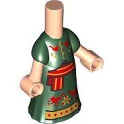 LEGO part 65203pr0016 Microdoll Body Long Dress Dark Green with Red/Gold Sash, Birds print in Light Nougat