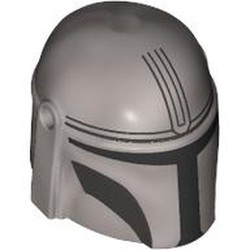 LEGO part 87610pr0012 Helmet Mandalorian with Holes, Dark Bluish Gray Decorations, Black Visor Print in Silver Metallic/ Flat Silver